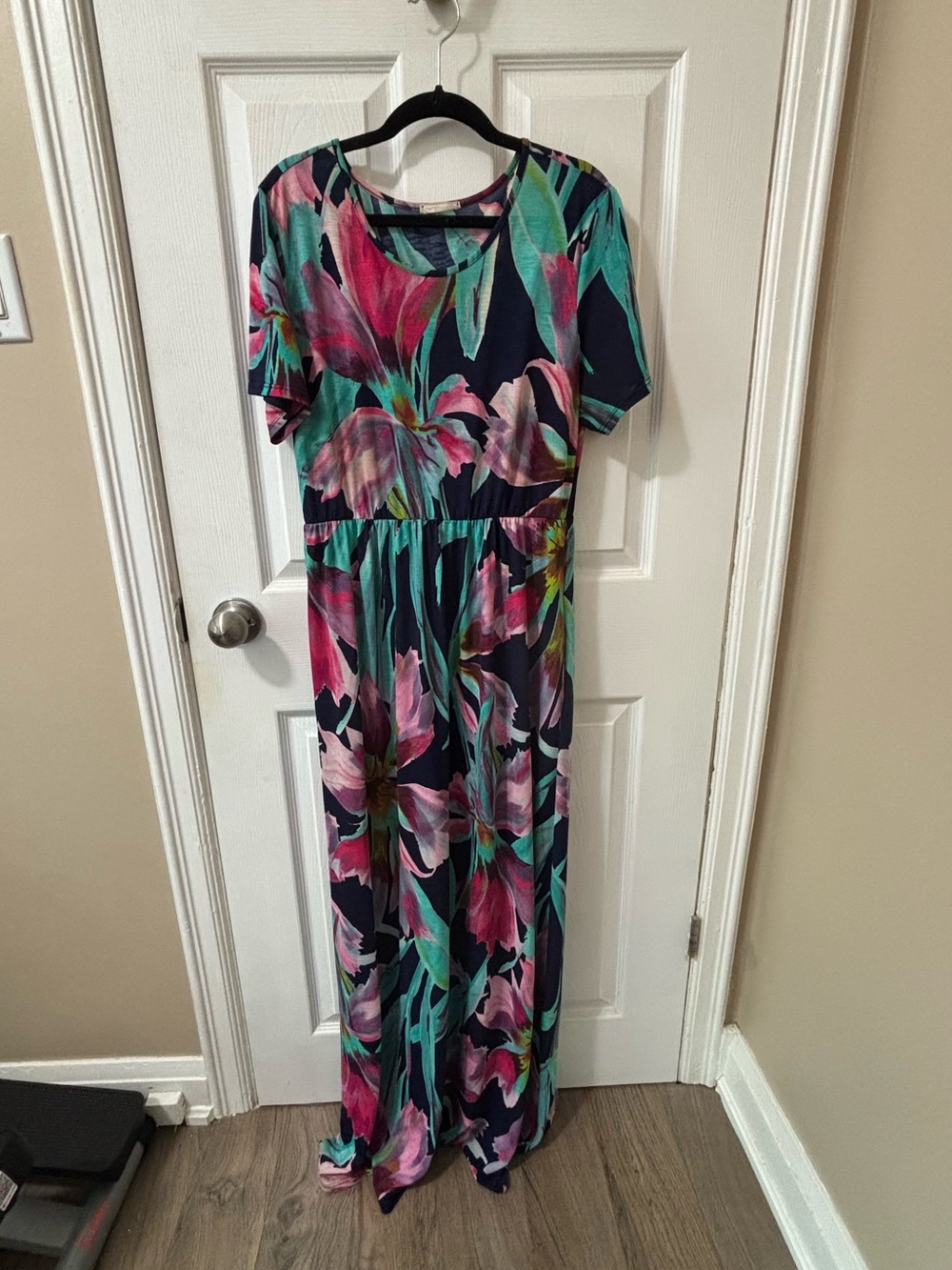 Floral Navy Maxi Dress with Pink & Teal Print